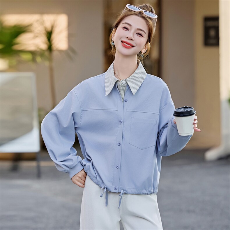 条纹拼接假两件衬衫薄外套女2025春夏新款宽松休闲百搭防晒衣上衣,女装衬衫,余墨