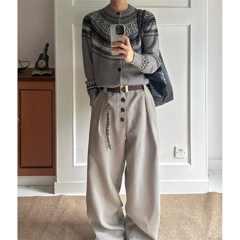 美式复古千鸟格排扣字休闲西裤男女款秋季垂感裤子宽松XK392图片
