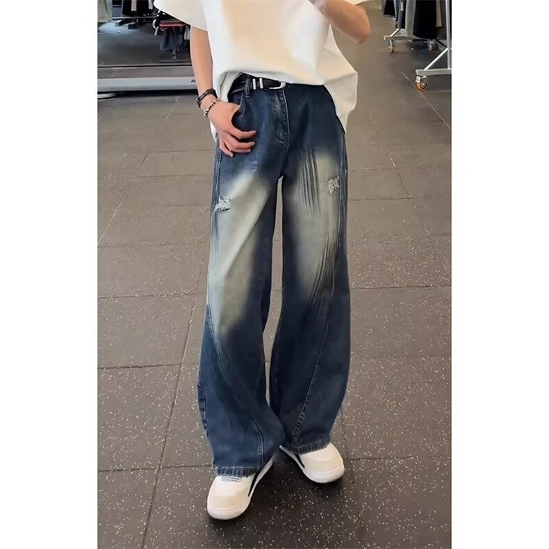 复古蓝水洗破洞牛仔裤男夏季美式痞帅高级感裤子直筒弯刀微喇长裤,男装牛仔裤,星座506A