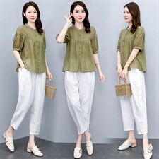高端苎麻套装女装复古亚麻上衣2025新款夏季时尚休闲棉麻两件套裤图片