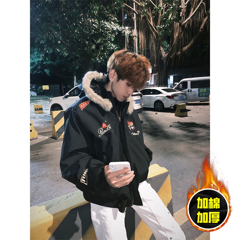 现货高品质美式高街重磅刺绣座山雕大毛毛领棉衣男女加厚棉服外套，男装棉衣，电商A486