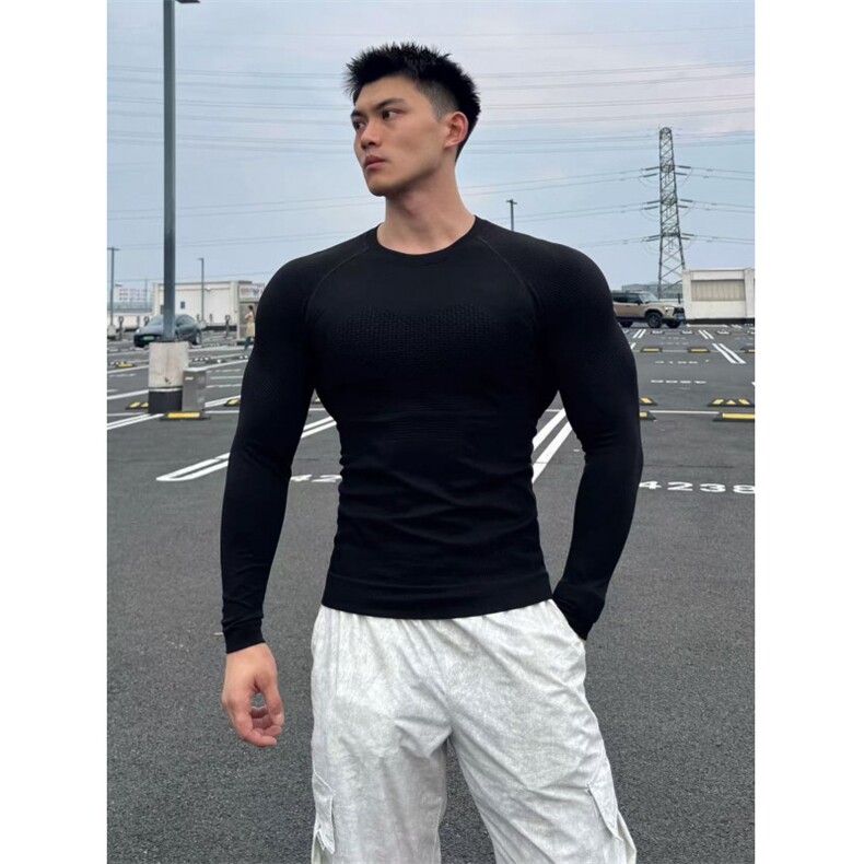 健身衣服弹力速干运动长袖无缝跑步打底衫紧身衣训练t恤CT52P35,男装T恤,电商D256