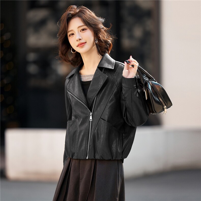 妖精的口袋复古棕色皮衣女2026春秋季新款高级感甜酷短款夹克外套,女装皮衣,美拉德工厂直营店