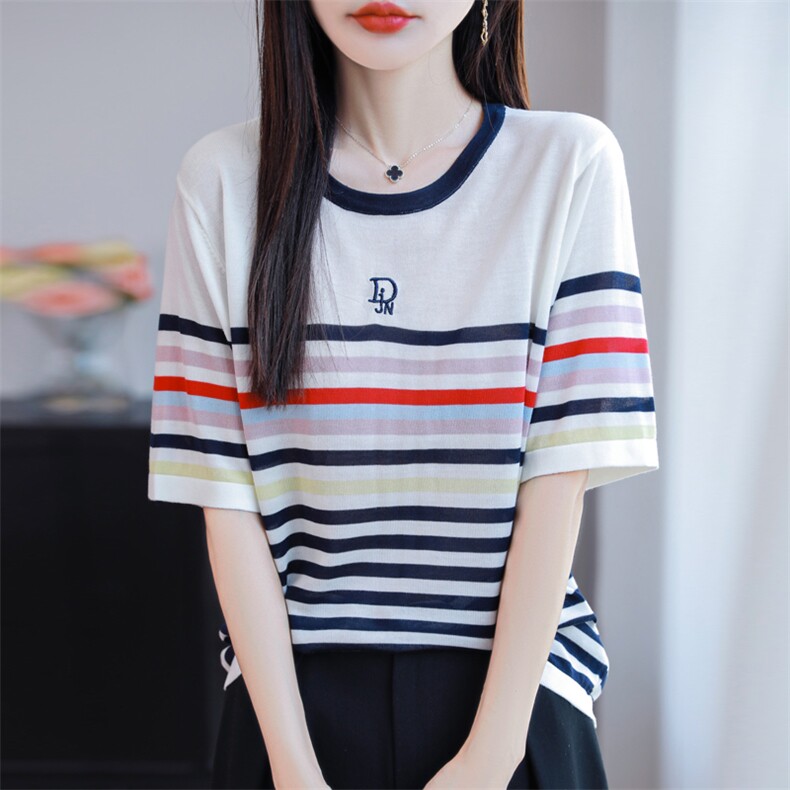 夏季新款女士简约时尚舒适圆领白色条纹短袖,女装T恤,源达羊绒