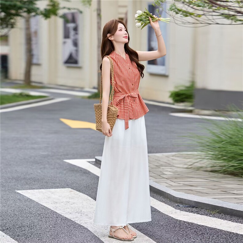 现货！夏季新款时尚洋气百搭两件套通勤格子套装透气显瘦上衣裤子，女装套装/套裙，衣之秀
