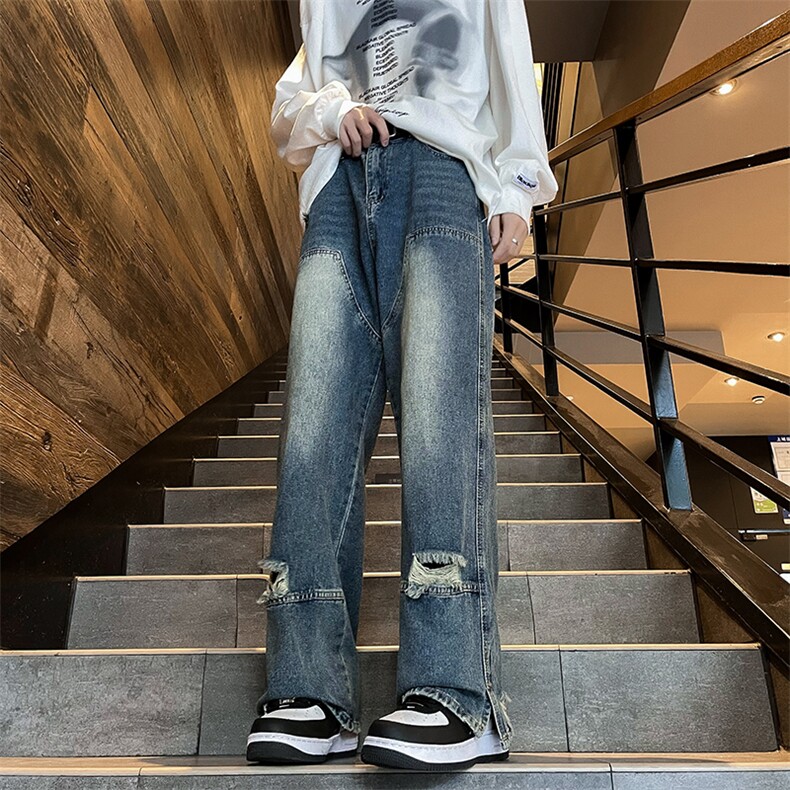 美式复古直筒破洞牛仔裤男女春秋设计感宽松阔腿长裤子N800-P48图片