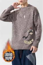 2023冬新款加绒毛衣男无影墙猫戏蝶印花大码加厚套头衫MY261-P60，男装针织衫/毛衣，电商A082