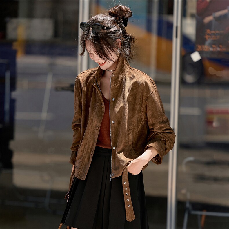 2658暮色巴黎美式复古仿麂皮绒宽松短款外套女送女友外套女,女装皮衣,潮流依族