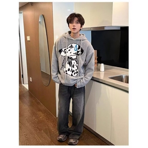 美式复古连帽套头毛衣男款冬季松弛慵懒情侣装斑点狗针织衫女图片