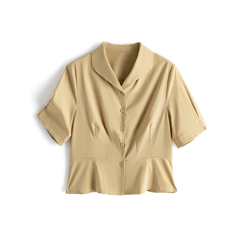夏新新款短袖纯色收腰显瘦衬衫女，女装衬衫，水衣源