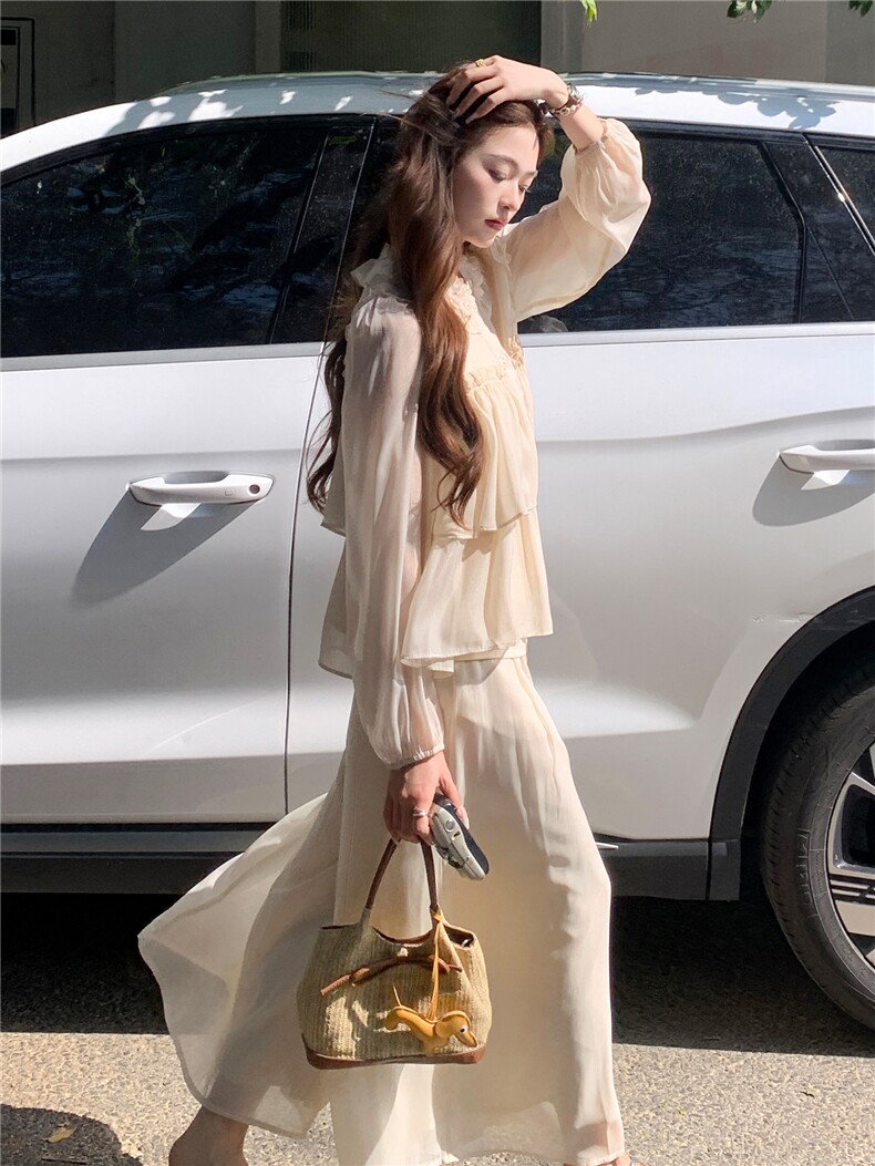法式温柔风气质套装女2026夏季新款轻薄长袖防晒衬衫阔腿裤两件套,女装套装/套裙,衣秀之家