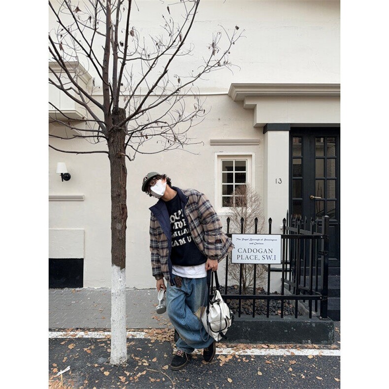 冬季日系格纹双面穿棉服外套美拉德小众设计保暖格子面包服棉衣男,男装棉衣,星座506A