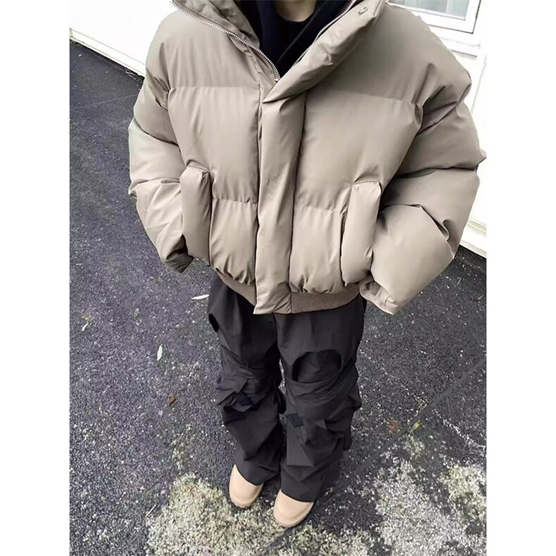 现货5W件冬季三防重磅硬挺boxy短款羽绒立领PU皮棉衣外套加厚棉服,男装棉衣,电商A486