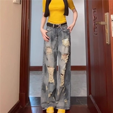 美式复古扎染阔腿破洞牛仔裤女新款废土风水洗拖地长裤LA1311-P50，男装牛仔裤，星座1008