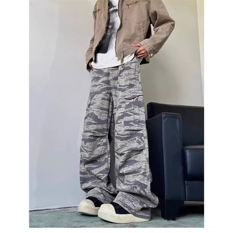 美式高街迷彩工装裤男复古hiphop潮牌痞帅大口袋褶皱阔腿休闲裤子,男装休闲裤,星座813-2