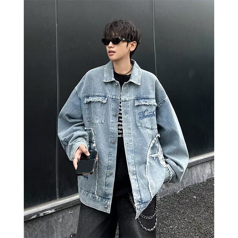 W351-P95潮牌美式刺绣毛边复古牛仔外套春秋宽松夹克上衣潮,男装工装外套,星座911-1