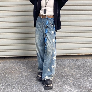 个性小众复古五角星印花牛仔裤男宽松直筒垂坠感阔腿拖地裤图片