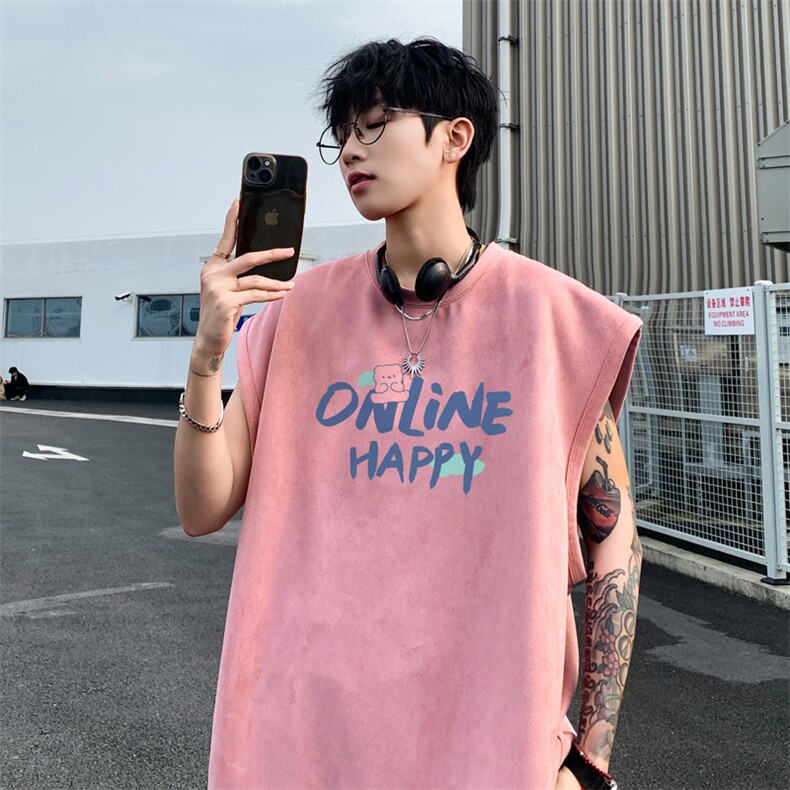 ！2024夏季新款男士麂皮绒无袖T恤潮流青少年背心TLBX18特P18,男装T恤,电商B220