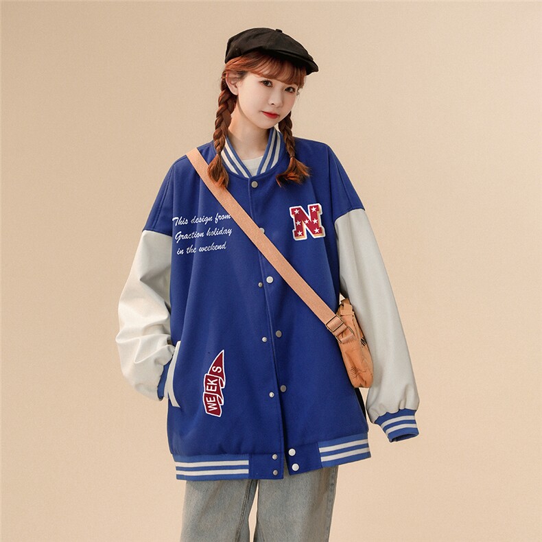 中性风23春季潮牌字母印花pu皮翻领棒球服夹克外套G642P85控108,男装夹克,A247A