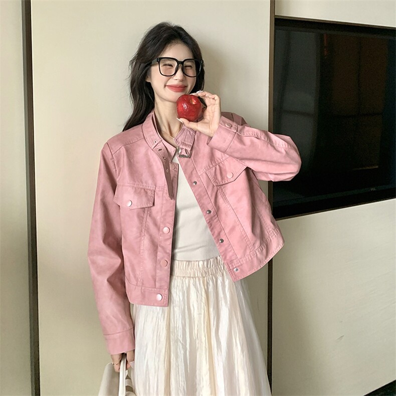 美拉德咖色皮衣短外套女春秋2025新款复古立领机车服休闲夹克上衣,女装皮衣,唛多