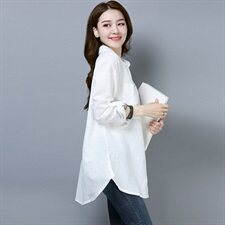 中长款纯色长袖时尚2024秋季休闲排多扣衬衫休闲棉麻百搭套头，女装衬衫，风姿绰