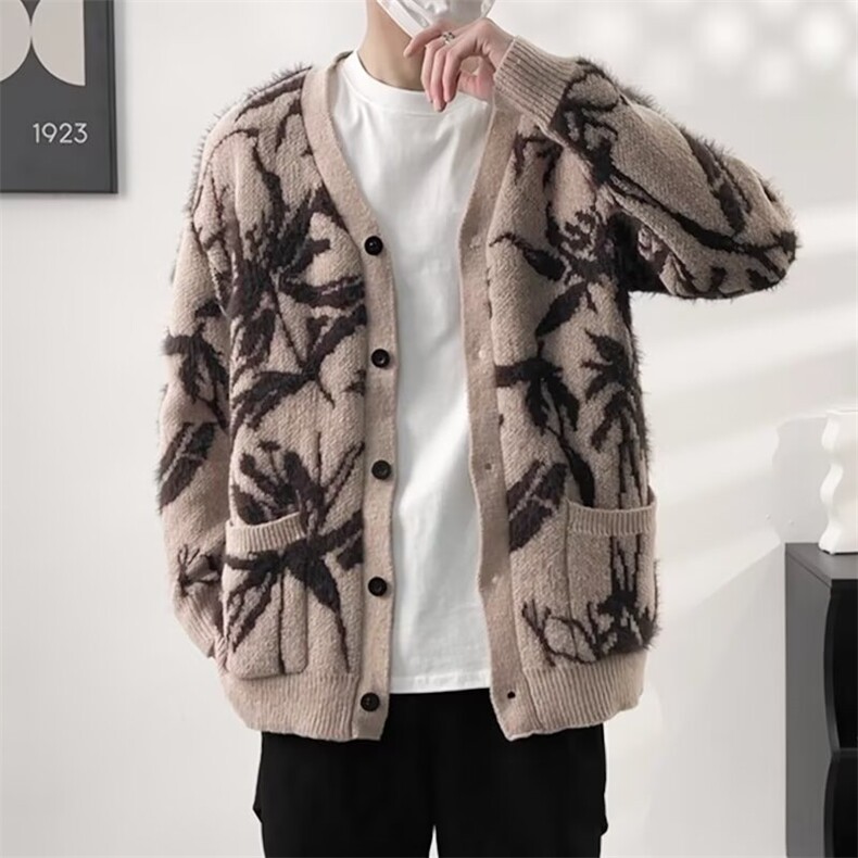 得物品质秋男V领毛衣开衫单排扣针织衫毛巾树枝刺绣外套M851P68,男装针织衫/毛衣,星座1013-1