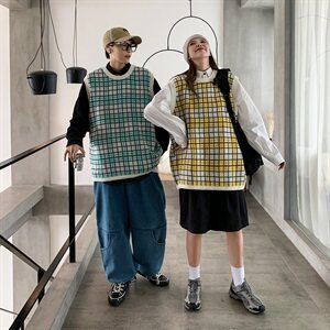 韩版格子背心情侣无袖针织衫加厚潮流毛衣男女上衣外套QT801图片