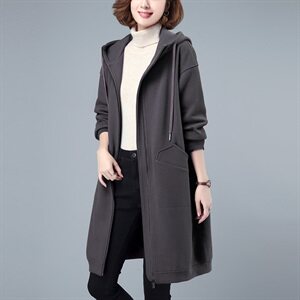 大码夹棉卫衣女士中长款遮屁股2024新款秋冬加厚拉链开衫连帽外套
