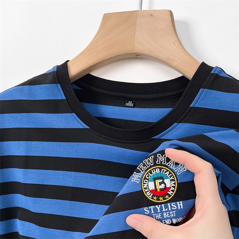 新款男士短袖夏季薄款宽松透气高档刺绣圆领百搭休闲条纹T恤图片