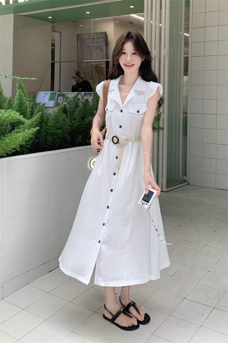 白色绝美气质小个子高级感连衣裙女2025年夏季新款收腰无袖衬衫裙,女装连衣裙,2C133