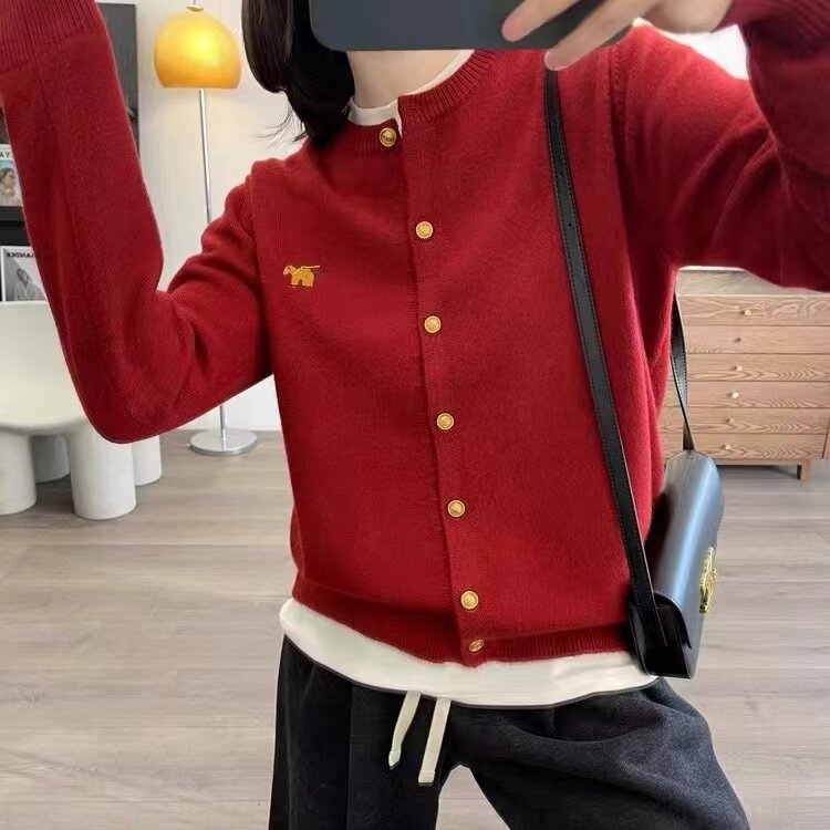 秋冬季羊毛刺绣小马可爱休闲羊毛开衫,女装羊毛衫,佑昭祥羊绒