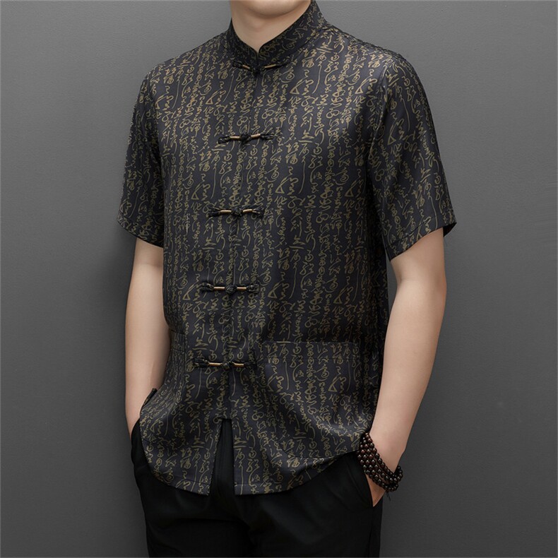 唐装男冰丝短袖上装春夏中老年复古风汉服爸爸男装老人爷爷太极服图片