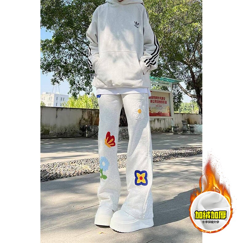 抖音得物高品质秋冬季重磅花卉刺绣潮流运动宽松加绒直筒休闲卫裤，男装休闲裤，电商A486