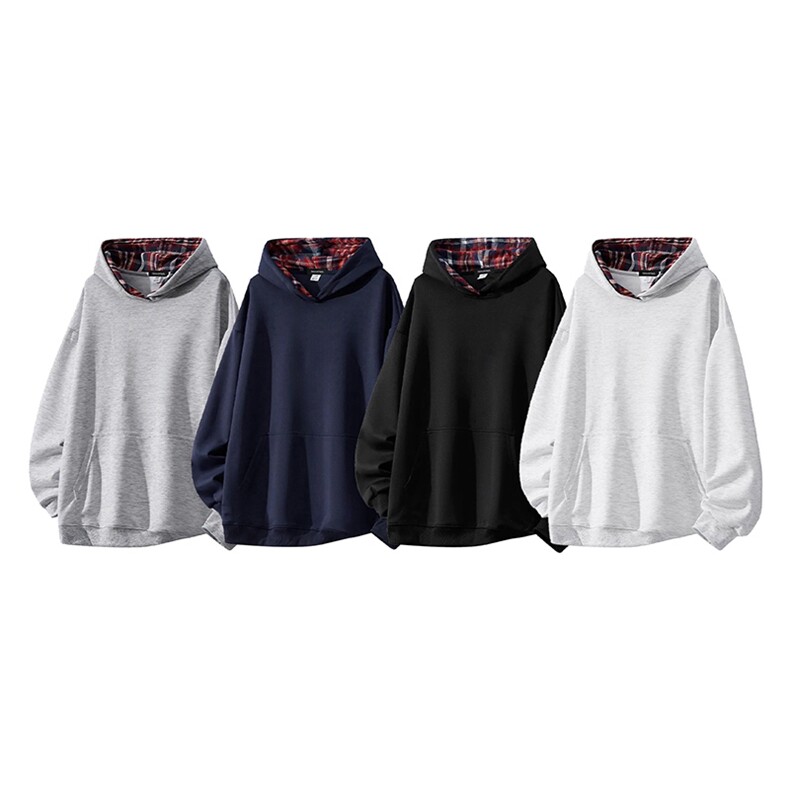 抖音得物高品质美式高街重磅结构设计假两件格子连帽卫衣外套W106，男装卫衣，电商A486