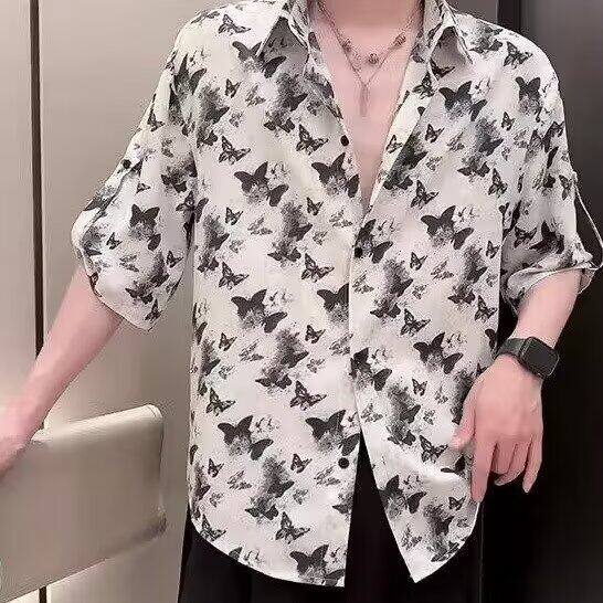 冰丝衬衫短袖男夏季潮牌痞帅扎染衬衣男款2025新款男士夏装半截袖,男装T恤,星座410-7