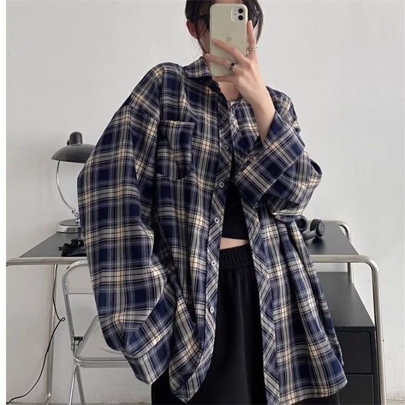 C237-P28复古格子衬衫女2025新款小众设计感衬衣宽松美式开衫,男装衬衫,电商B323A