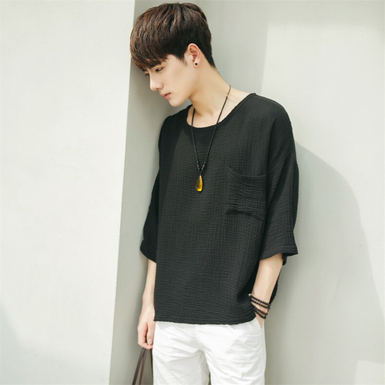 夏季新品棉麻五分袖大圆领休闲男衣1807~Q01~P28，男装T恤，星座1807