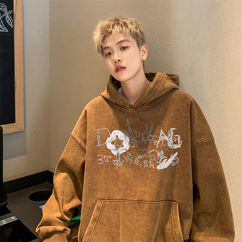 得物抖音高品质二开360克重磅做旧炒雪花纯色连帽水洗卫衣16020,男装卫衣,电商A486