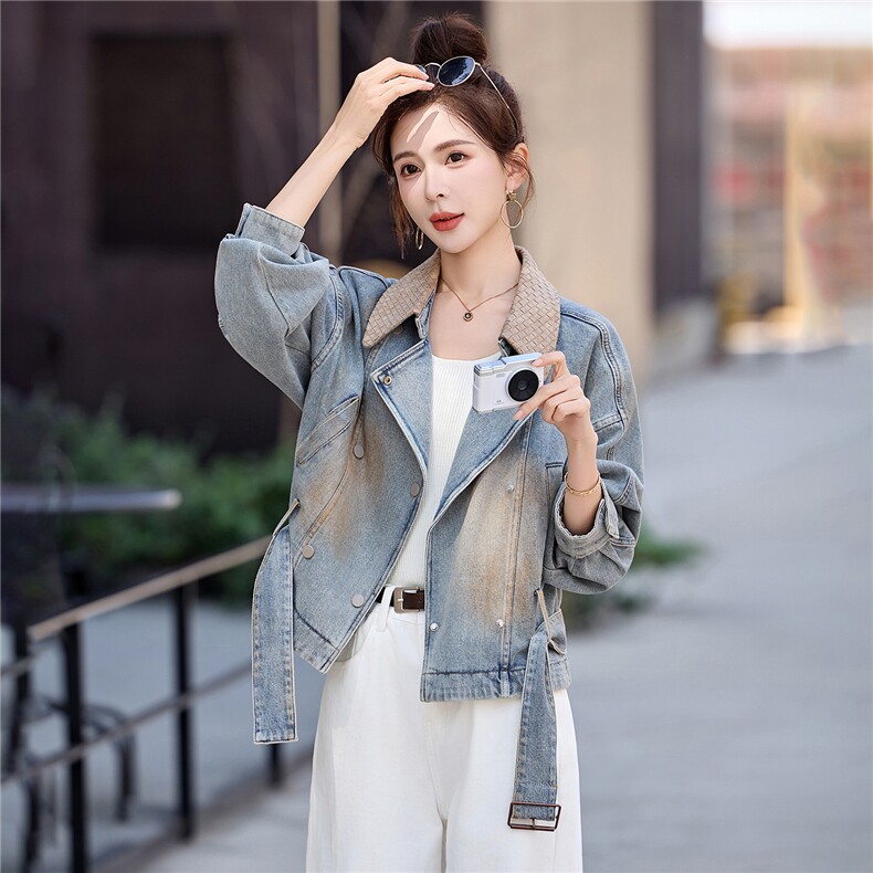 2026春新款高端编制皮领炒染色重工百搭收腰短款牛仔外套,女装短外套,瑶迪依秀