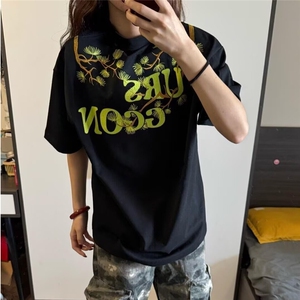 罗汉松刺绣短袖t恤男2025新款夏季美式小领口五分袖cleanfit半袖图片