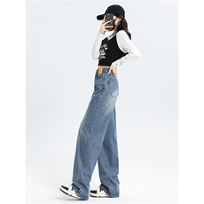 美式复古水洗做旧直筒牛仔裤女2025春季新款宽松垂感阔腿拖地裤潮，男装牛仔裤，星座1210-1