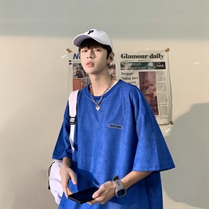 冰丝鹿皮绒衣服男宽松短袖T恤ins港风日系上衣嘻哈 T1021-P30图片