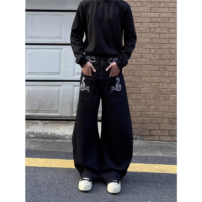 美式复古刺绣阔腿牛仔裤男女高街潮牌百搭直筒裤拖地裤NT9061-P52,男装牛仔裤,星座208-5
