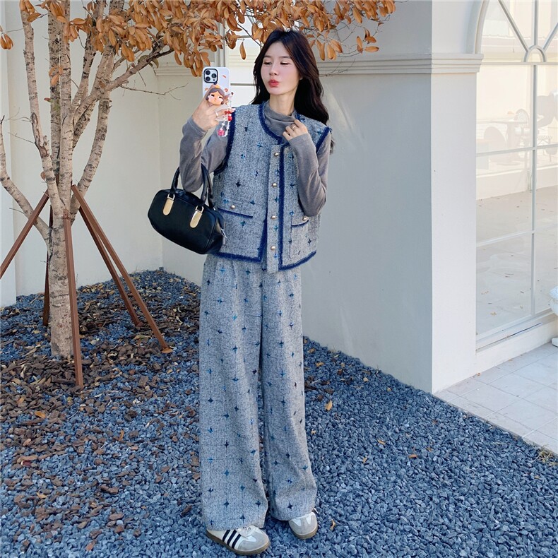 小香风刺绣马甲阔腿裤套装女2025秋季新款设计感时尚打底衫三件套,女装套装/套裙,2C272