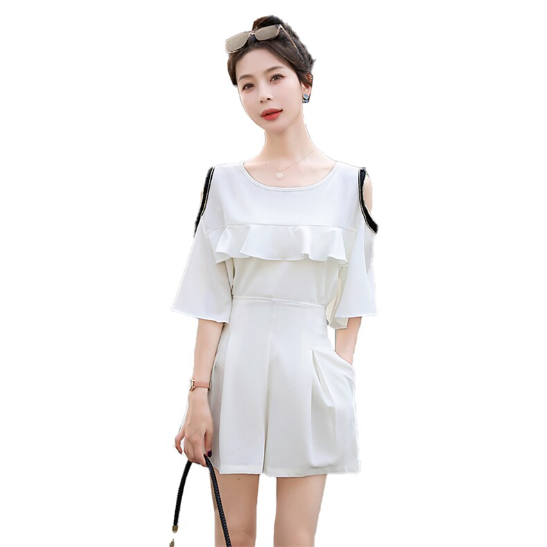 2025新款夏装时尚高腰减龄阔腿短裙裤套装女显瘦洋气荷叶边雪纺衫,女装套装/套裙,卡杰菲