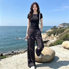 女夏季高级感休闲运动套装圆领收腰短袖阔腿蝴蝶印花长裤两件套潮，女装套装/套裙，江南