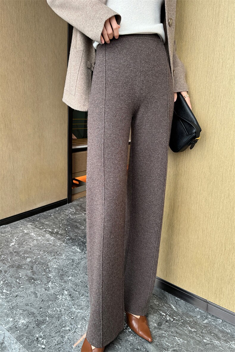 山羊绒阔腿裤女针织高腰垂感直筒拖地裤秋冬保暖宽松显瘦加厚长裤,女装休闲裤,高粱穗羊绒