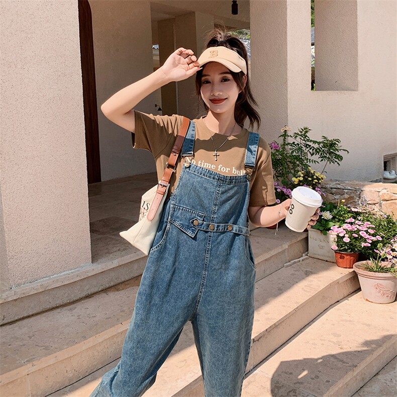 美式复古牛仔背带裤女2023夏季新款韩版小个子显瘦减龄工装九分裤,女装休闲裤,2C037