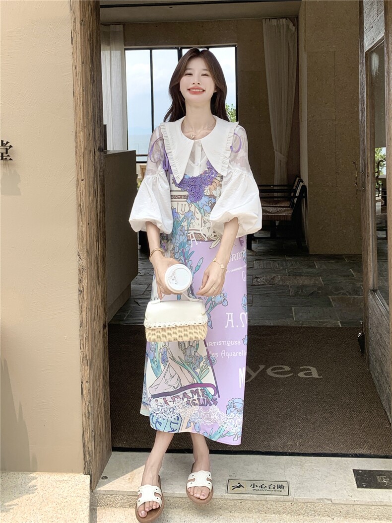 印花套装女夏季2026新款法式娃娃领衬衫蕾丝刺绣领口吊带裙两,女装连衣裙,艾米莉亚