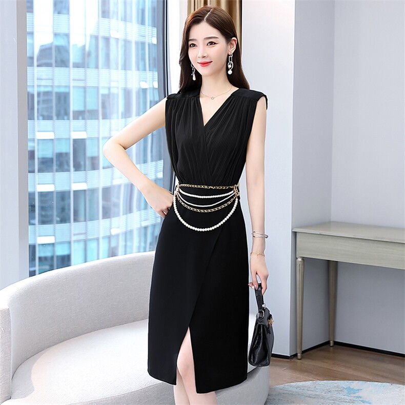 现货2023年夏季时尚撞色拼接修身连衣裙送腰带,女装连衣裙,卡杰菲
